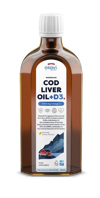 Norwegian Cod Liver Oil + D3, 1000mg Omega 3 (Lemon) - 250 ml.