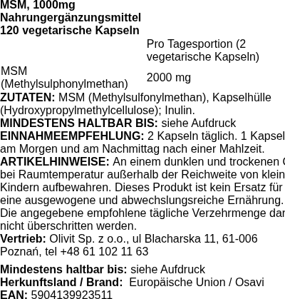 Produktetikett — MSM, 1000mg - 120 vcaps