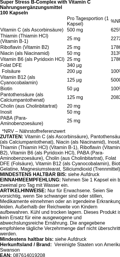 Produktetikett — Super Stress B-Complex with Vitamin C - 100 caps