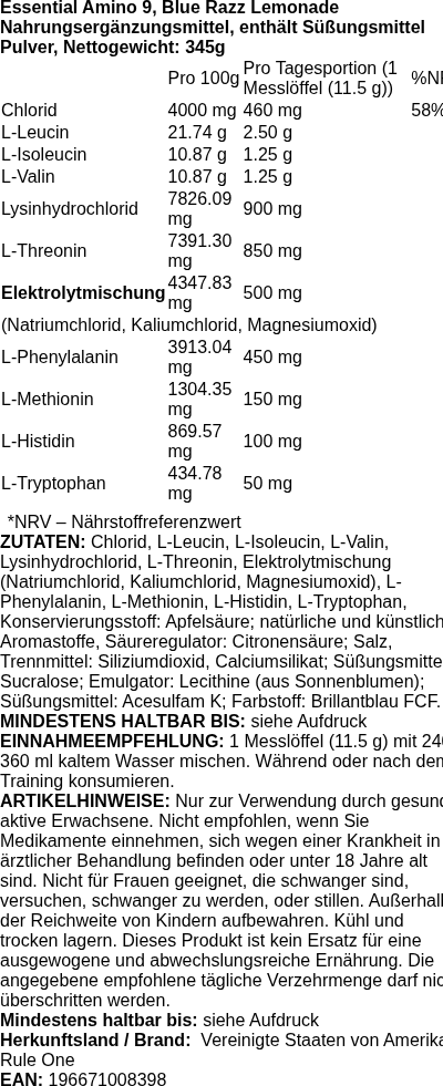 Produktetikett — Essential Amino 9, Blue Razz Lemonade (EAN 196671008398) - 345 grams