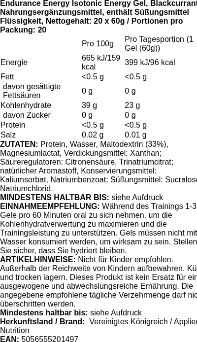 Produktetikett — Endurance Energy Isotonic Energy Gel, Blackcurrant - 20 x 60g