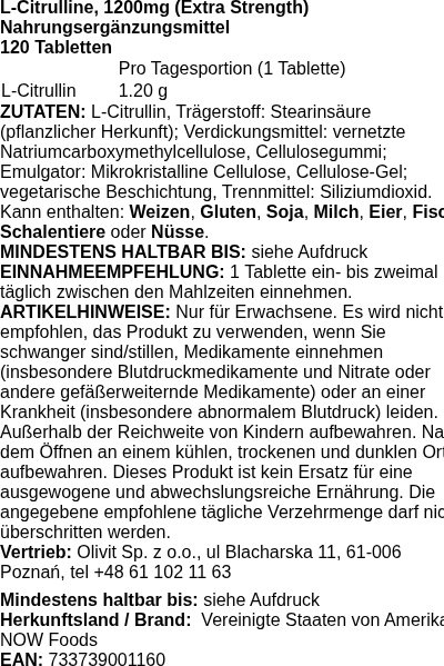 Produktetikett — L-Citrulline, 1200mg Extra Strength - 120 tablets