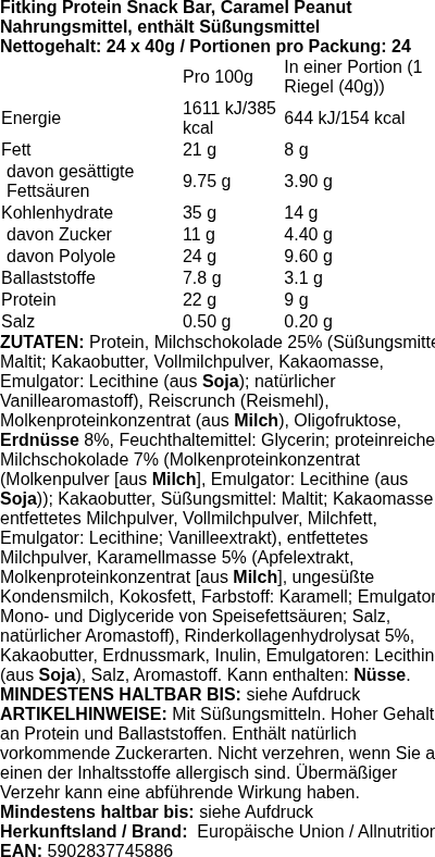 Produktetikett — Fitking Protein Snack Bar, Caramel Peanut - 24 x 40g