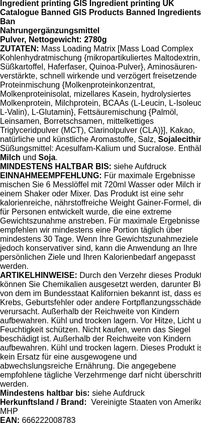 Produktetikett — Up Your Mass XXXL 1350, Milk Chocolate - 2780 grams