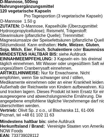 Produktetikett — D-Mannose, 500mg - 120 vcaps