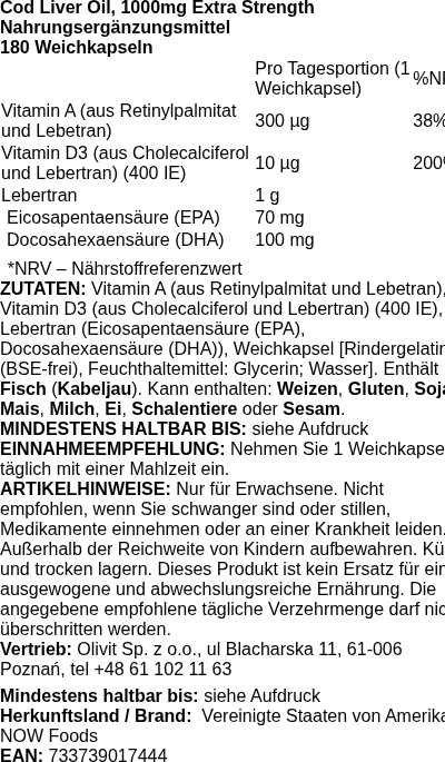 Produktetikett — Cod Liver Oil, 1000mg Extra Strength - 180 softgels