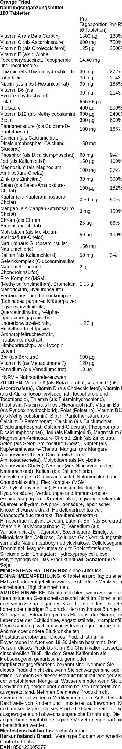 Produktetikett — Orange Triad - 180 tablets