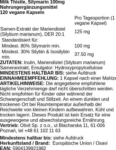 Produktetikett — Milk Thistle, Silymarin 100mg - 120 vegan caps