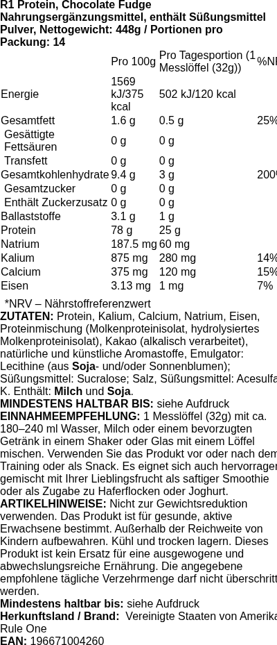 Produktetikett — R1 Protein, Chocolate Fudge - 448 grams