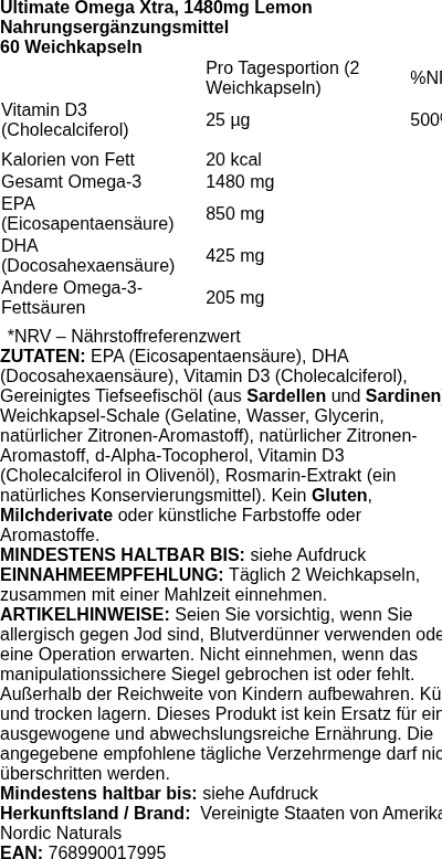 Produktetikett — Ultimate Omega Xtra, 1480mg Lemon - 60 softgels