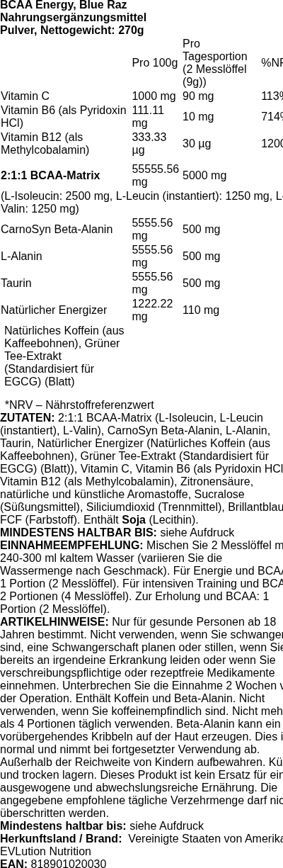 Produktetikett — BCAA Energy, Blue Raz - 270 grams