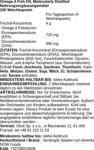 Produktetikett — Omega-3 Fish Oil, Molecularly Distilled - 100 softgels