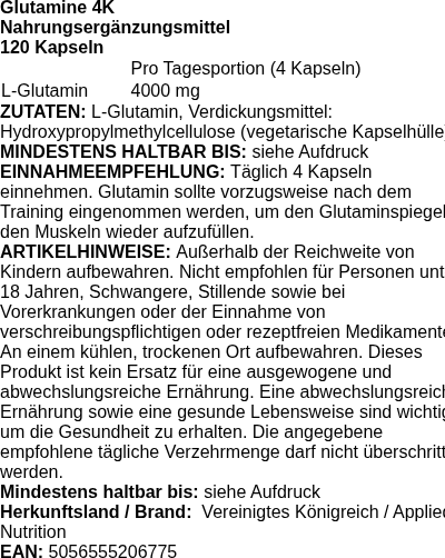 Produktetikett — Glutamine 4K - 120 caps