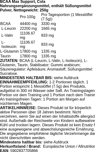 Produktetikett — BCAA Max Support, Cola - 250 grams