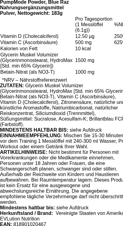 Produktetikett — PumpMode Powder, Blue Raz (EAN 818901020467) - 183 grams