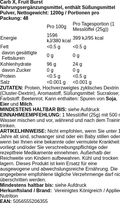 Produktetikett — Carb X, Fruit Burst - 1200 grams