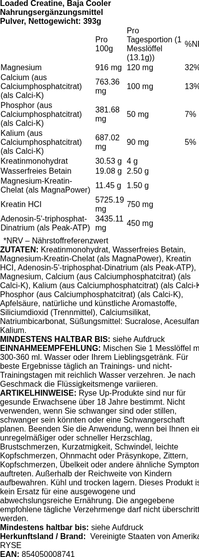 Produktetikett — Loaded Creatine, Baja Cooler - 393 grams