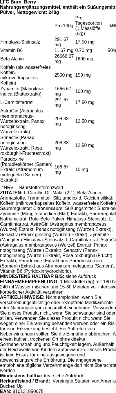 Produktetikett — LFG Burn, Berry - 240 grams
