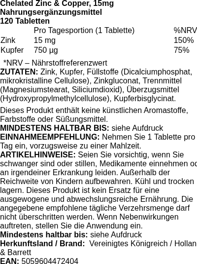 Produktetikett — Chelated Zinc + Copper, 15mg - 120 tablets (EAN 5059604701726)