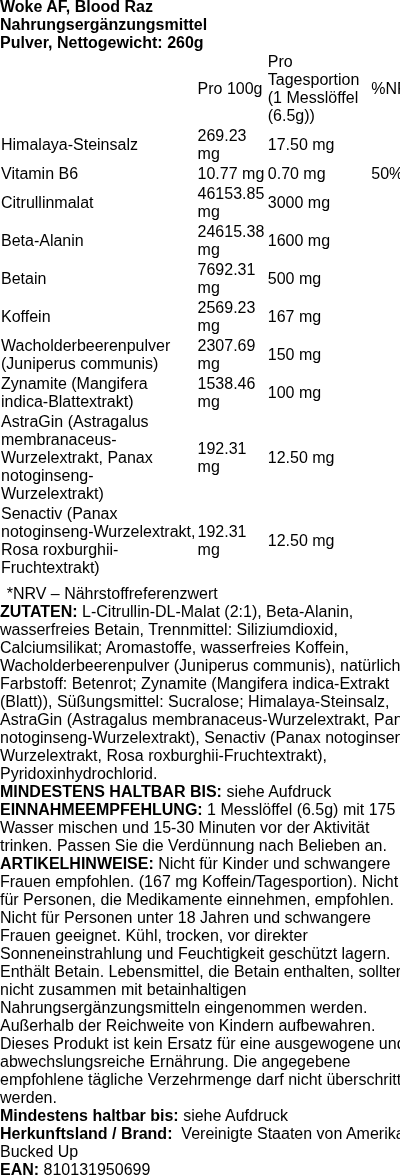 Produktetikett — Woke AF, Blood Raz - 260 grams