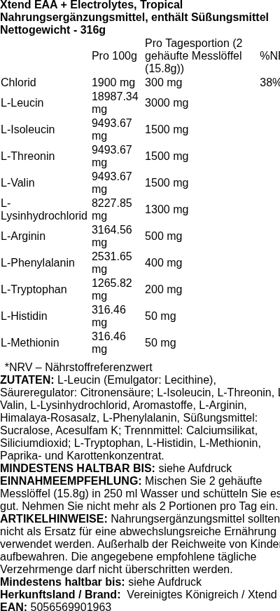 Produktetikett — Xtend EAA + Electrolytes, Tropical - 316 grams