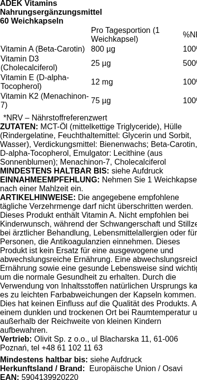Produktetikett — ADEK Vitamins - 60 softgels