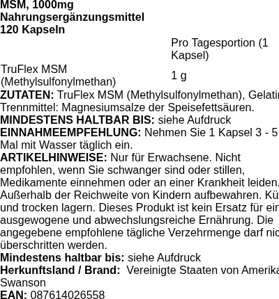 Produktetikett — MSM, 1000mg - 120 caps