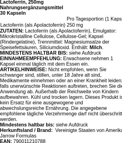 Produktetikett — Lactoferrin, 250mg - 30 caps
