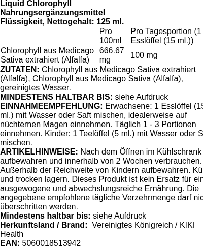 Produktetikett — Liquid Chlorophyll - 125 ml.