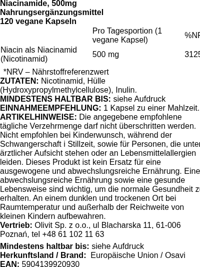 Produktetikett — Niacinamide, 500mg - 120 vegan caps