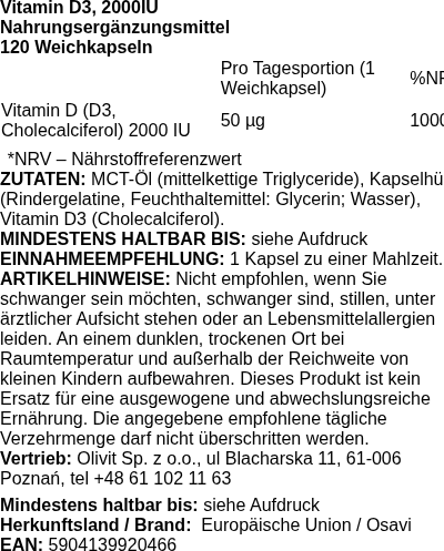 Produktetikett — Vitamin D3, 2000IU - 120 softgels