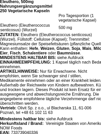 Produktetikett — Eleuthero, 500mg - 250 vcaps