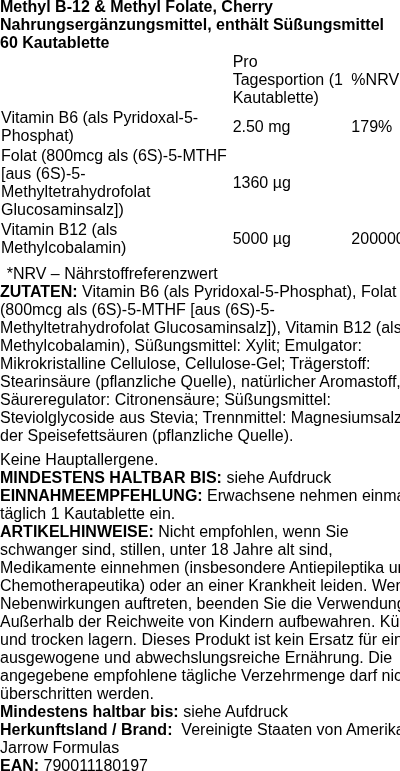 Produktetikett — Methyl B-12 & Methyl Folate, Cherry - 60 chewable tabs