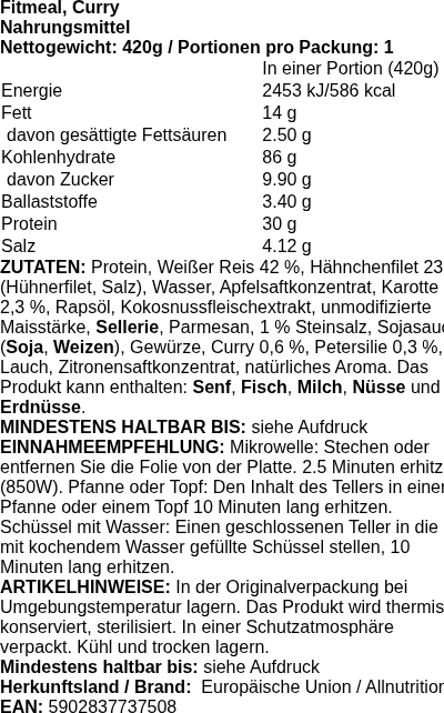 Produktetikett — Fitmeal Curry - 420 grams