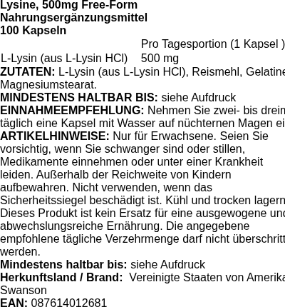 Produktetikett — Lysine, 500mg Free-Form - 100 caps