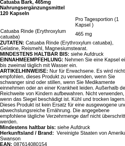 Produktetikett — Full Spectrum Catuaba Bark, 465mg - 120 caps