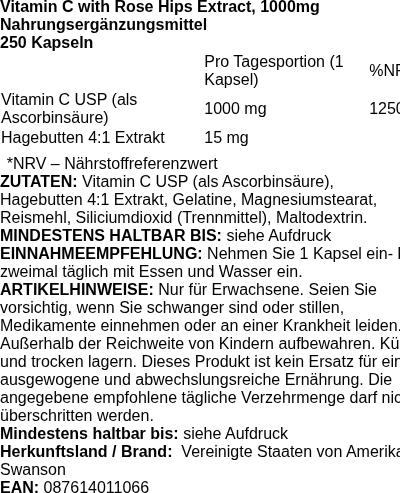 Produktetikett — Vitamin C with Rose Hips Extract, 1000mg - 250 caps