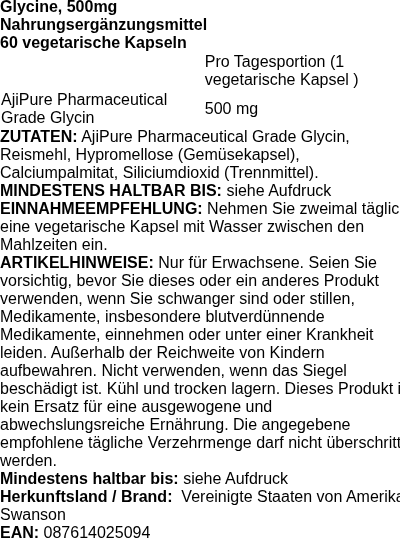 Produktetikett — Glycine, 500mg - 60 vcaps