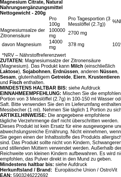 Produktetikett — Magnesium Citrate, Natural - 200 grams