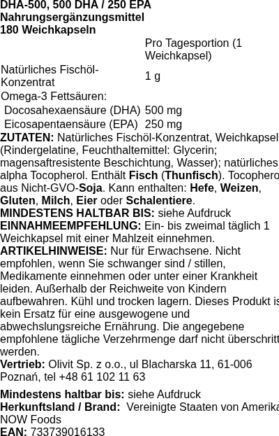 Produktetikett — DHA-500, 500 DHA / 250 EPA - 180 softgels