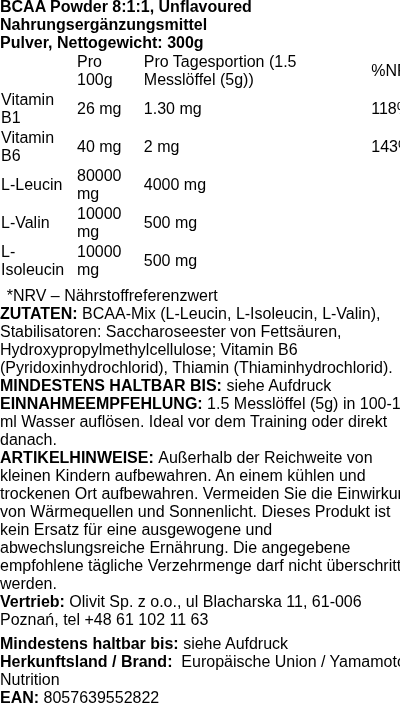 Produktetikett — BCAA Powder 8:1:1, Orange Lemon (EAN 8057639552259) - 300 grams