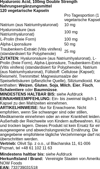 Produktetikett — Hyaluronic Acid, 100mg Double Strength - 120 vcaps
