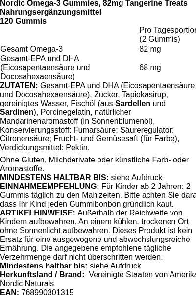 Produktetikett — Nordic Omega-3 Gummies, 82mg Tangerine Treats - 120 gummies