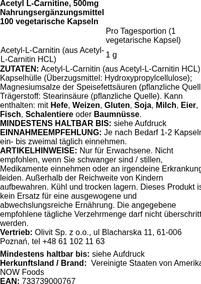 Produktetikett — Acetyl-L-Carnitine, 500mg - 100 vcaps