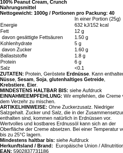 Produktetikett — 100% Peanut Cream, Crunch - 1000 grams