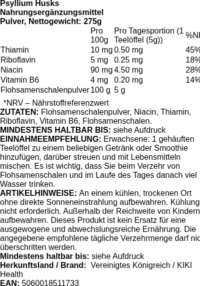 Produktetikett — Psyllium Husks Organic - 275 grams