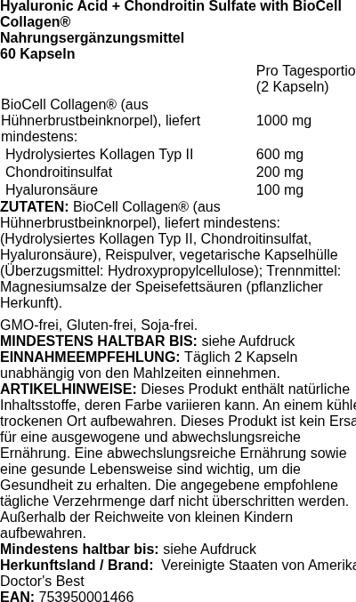 Produktetikett — Hyaluronic Acid + Chondroitin Sulfate with BioCell Collagen - 60 caps