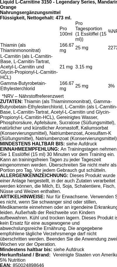 Produktetikett — Liquid L-Carnitine 3150 - Legendary Series, Mandarin Orange - 473 ml.