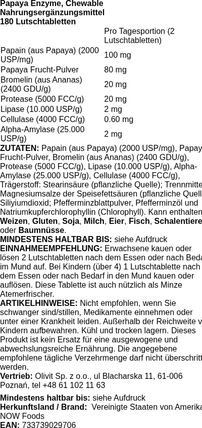 Produktetikett — Papaya Enzyme, Chewable - 180 lozenges