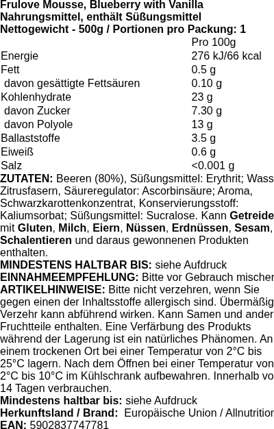 Produktetikett — Frulove Mousse, Blueberry with Vanilla - 500 grams